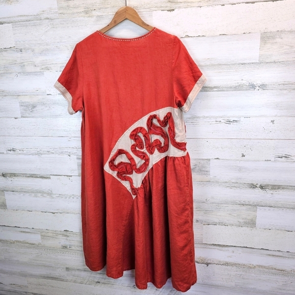 Peacock Ways Linen Lagenlook Casual Dress Sz Large Orange Artsy Folksy Modest - Picture 4 of 14